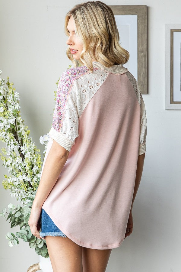 Light Pink Floral Lace Inset Short Sleeve Top