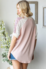 Light Pink Floral Lace Inset Short Sleeve Top