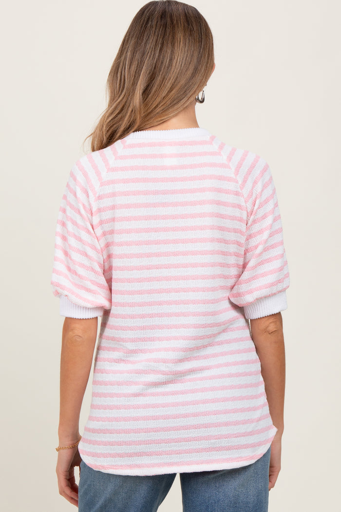 Pink Striped Textured Short Sleeve Maternity Top