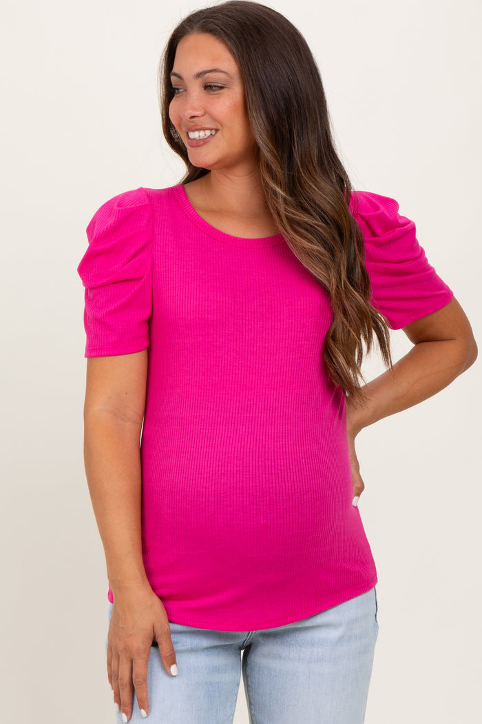Fuchsia Ribbed Ruched Short Sleeve Maternity Top