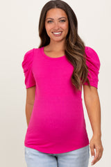Fuchsia Ribbed Ruched Short Sleeve Maternity Top