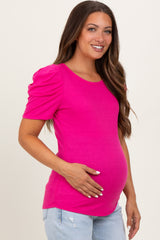 Fuchsia Ribbed Ruched Short Sleeve Maternity Top