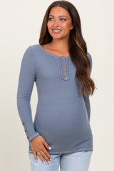 Blue Button Detail Maternity Long Sleeve Thermal Top