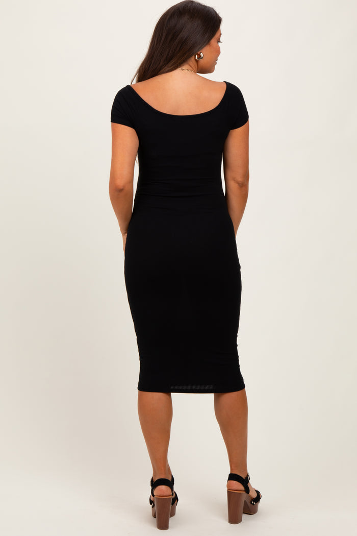 Black Ribbed Wide Neckline Fitted Maternity Midi Dress