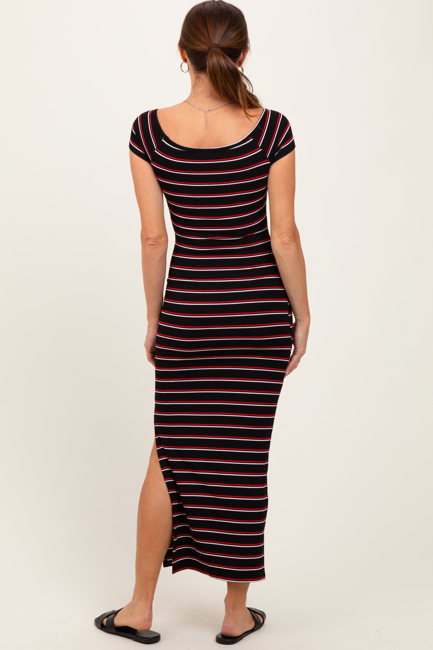 Black Striped Wide Neckline Side Slit Maxi Dress