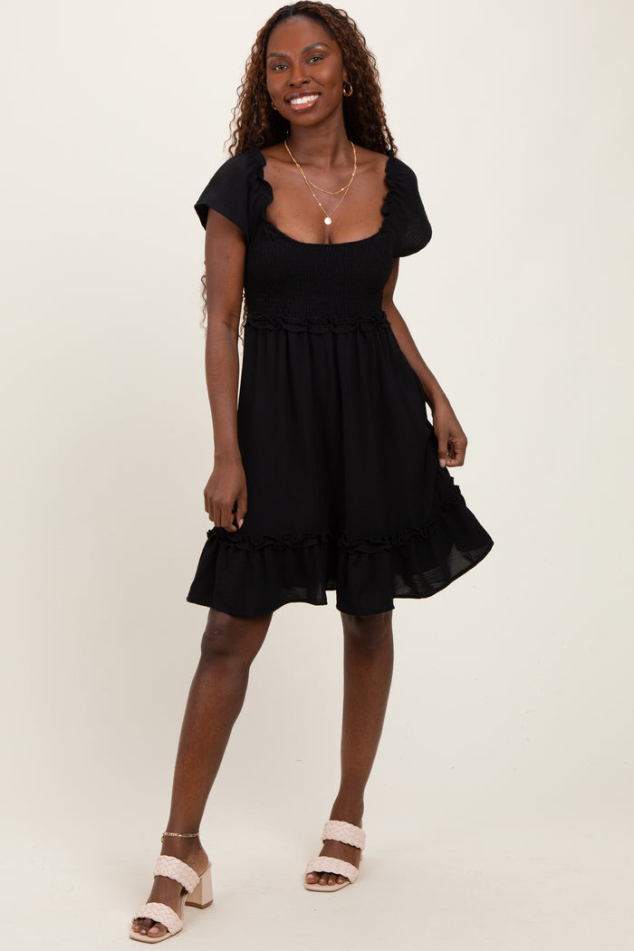 Black Smocked Ruffle Detail Mini Dress