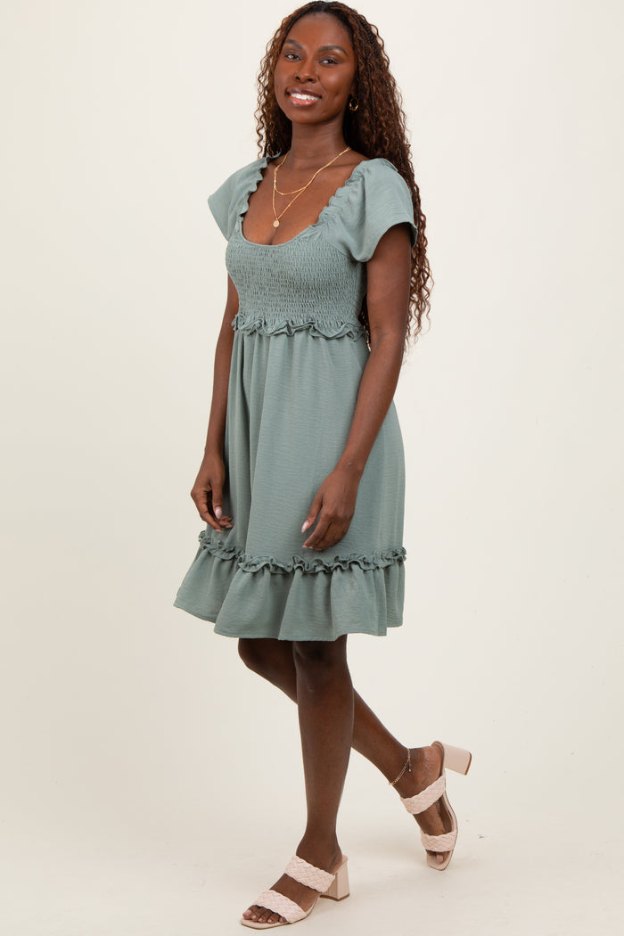 Light Olive Smocked Ruffle Detail Mini Dress