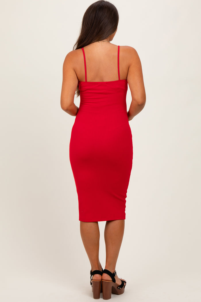 Red Button Detail Thin Strap Fitted Maternity Midi Dress