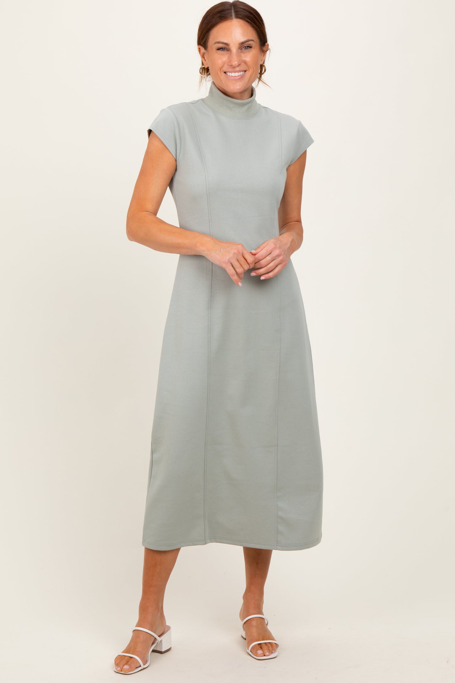 Light Olive Mock Neck Short Sleeve Midi Dress