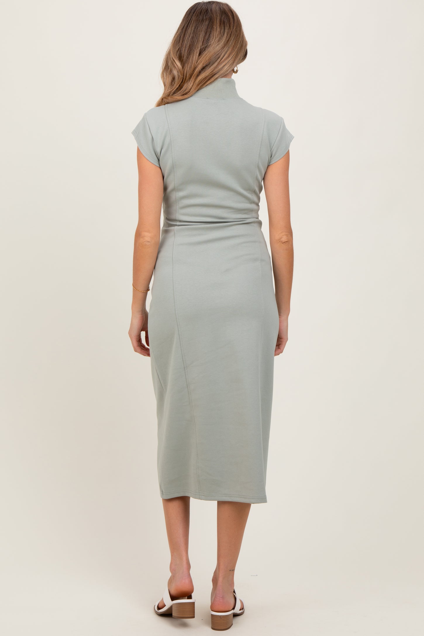 Light Olive Mock Neck Short Sleeve Maternity Midi Dress
