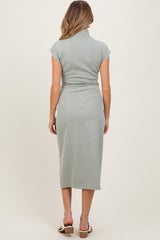 Light Olive Mock Neck Short Sleeve Maternity Midi Dress