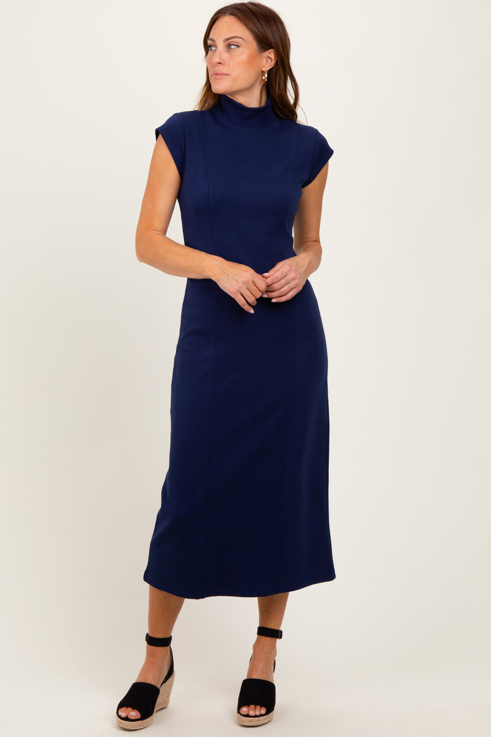 Navy Mock Neck Short Sleeve Maternity Midi Dress