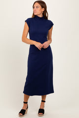Navy Mock Neck Short Sleeve Midi Dress
