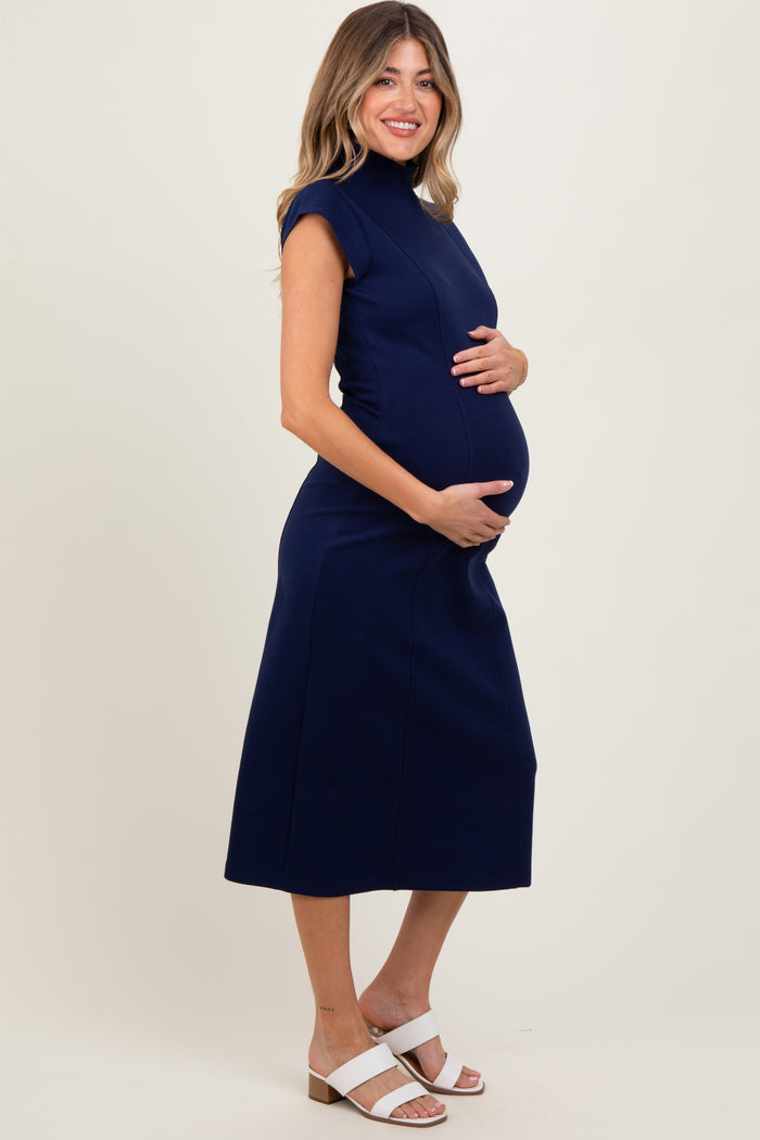Navy Mock Neck Short Sleeve Maternity Midi Dress