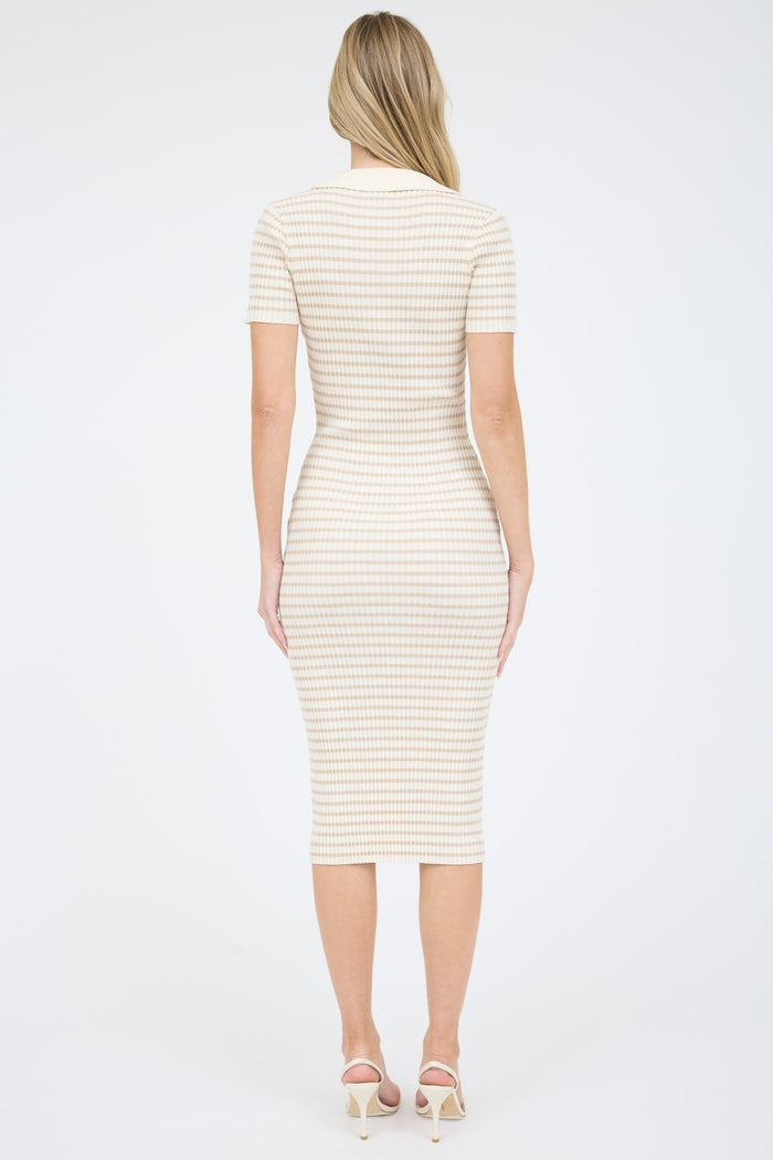 Beige Striped Knit Collared Midi Dress