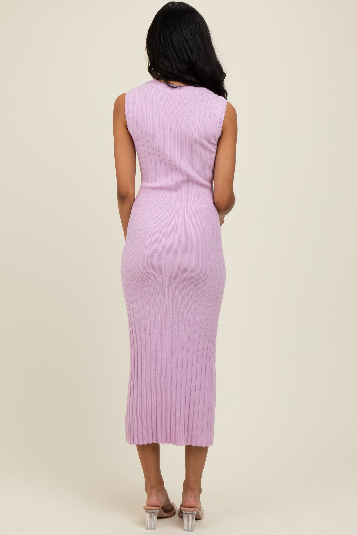 Light Pink Scalloped Ribbed Knit Sleeveless Midi Dress