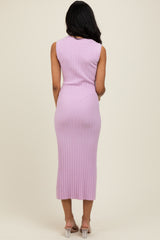 Light Pink Scalloped Ribbed Knit Sleeveless Midi Dress