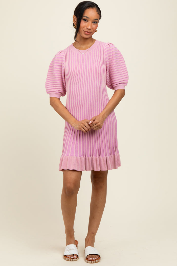 Pink Ribbed Knit Puff Sleeve Ruffle Hem Maternity Mini Dress