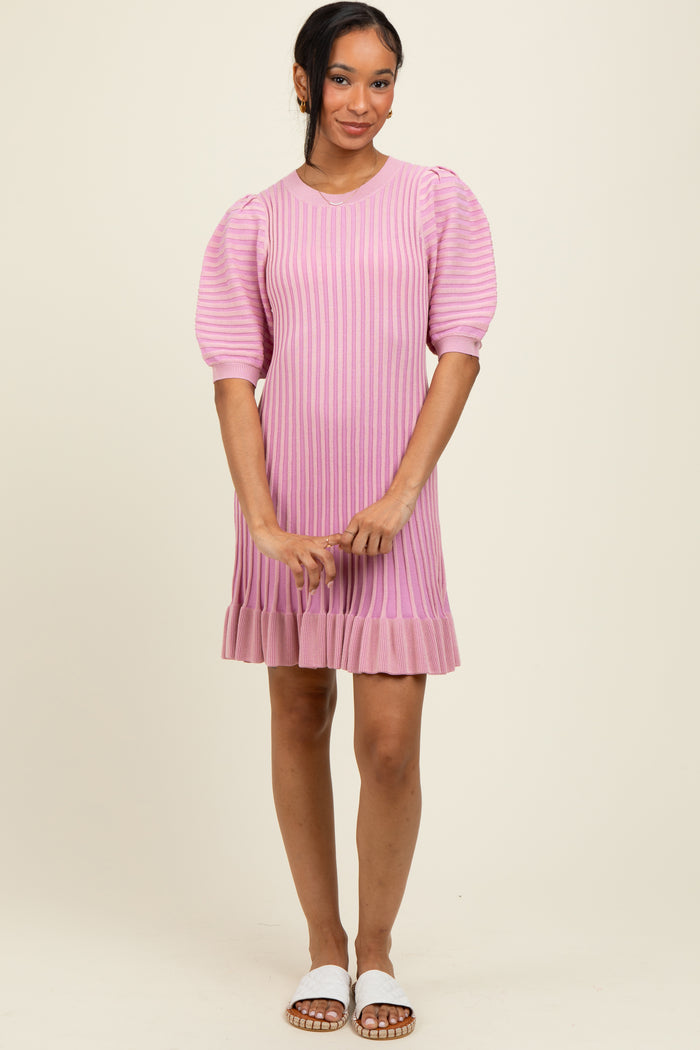 Pink Ribbed Knit Puff Sleeve Ruffle Hem Mini Dress