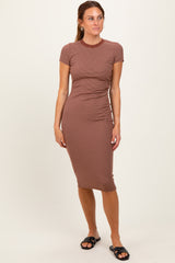 Brown Asymmetrical Ruched T-Shirt Dress
