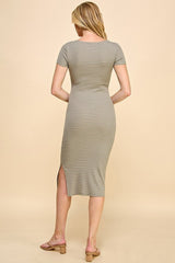 Light Olive Striped Button Square Neck Dress