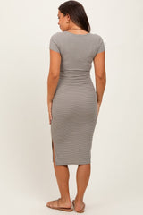 Light Olive Striped Button Square Neck Maternity Dress