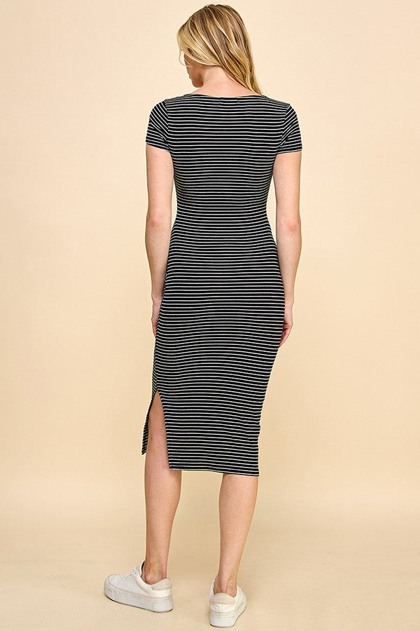 Black Striped Button Square Neck Dress