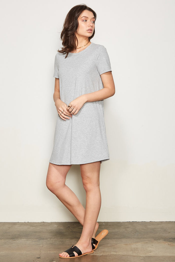 Heather Grey Ribbed Knit Basic Short Sleeve T-Shirt Dress