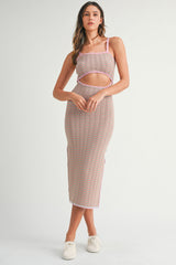 Pink Chevron Knit Cutout Fitted Midi Dress