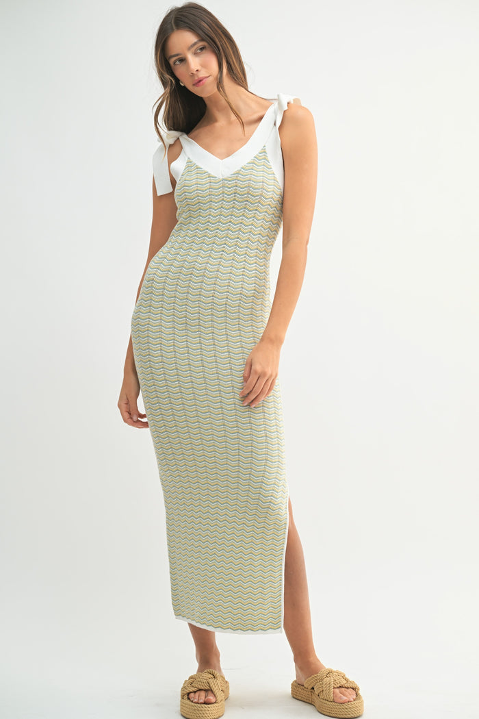 Light Olive Chevron Knit Shoulder Tie Maternity Midi Dress