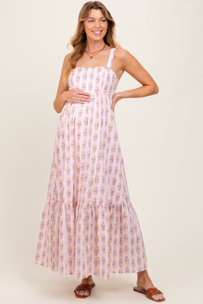 Pink Floral Print Ruffle Hem Maternity Maxi Dress