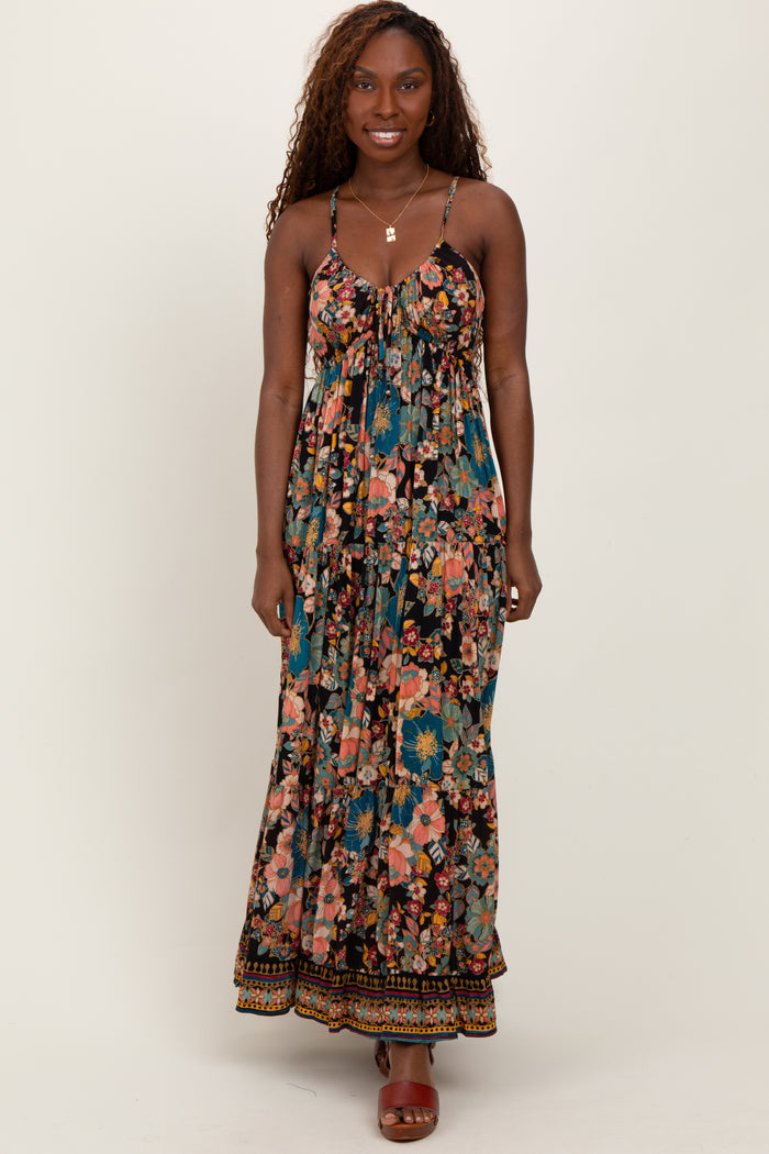 Black Floral Front Tie Tiered Maternity Maxi Dress