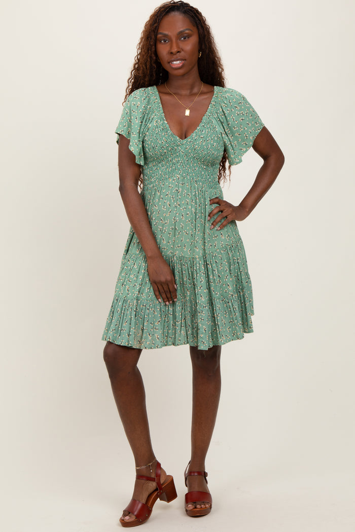Light Olive Floral Smocked V-Neck Mini Dress