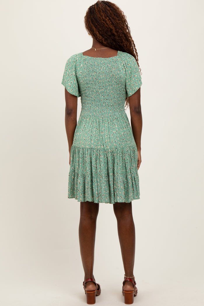 Light Olive Floral Smocked V-Neck Mini Dress