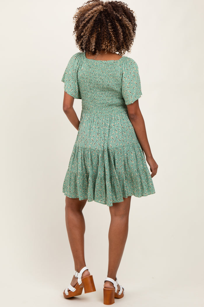 Light Olive Floral Smocked V-Neck Maternity Mini Dress