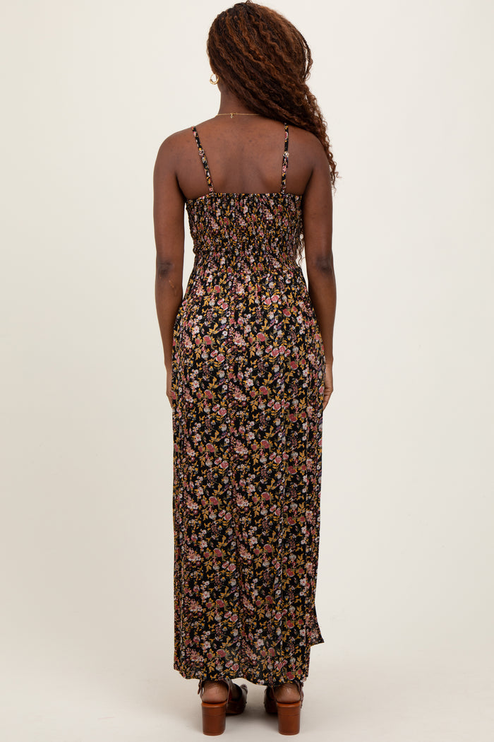 Black Floral Twist Front Cutout Maxi Dress