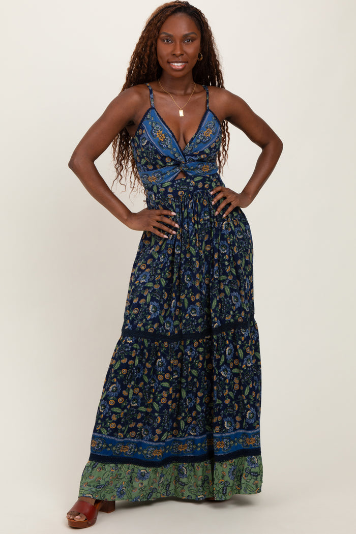 Navy Floral Twist Front Cutout Maternity Maxi Dress
