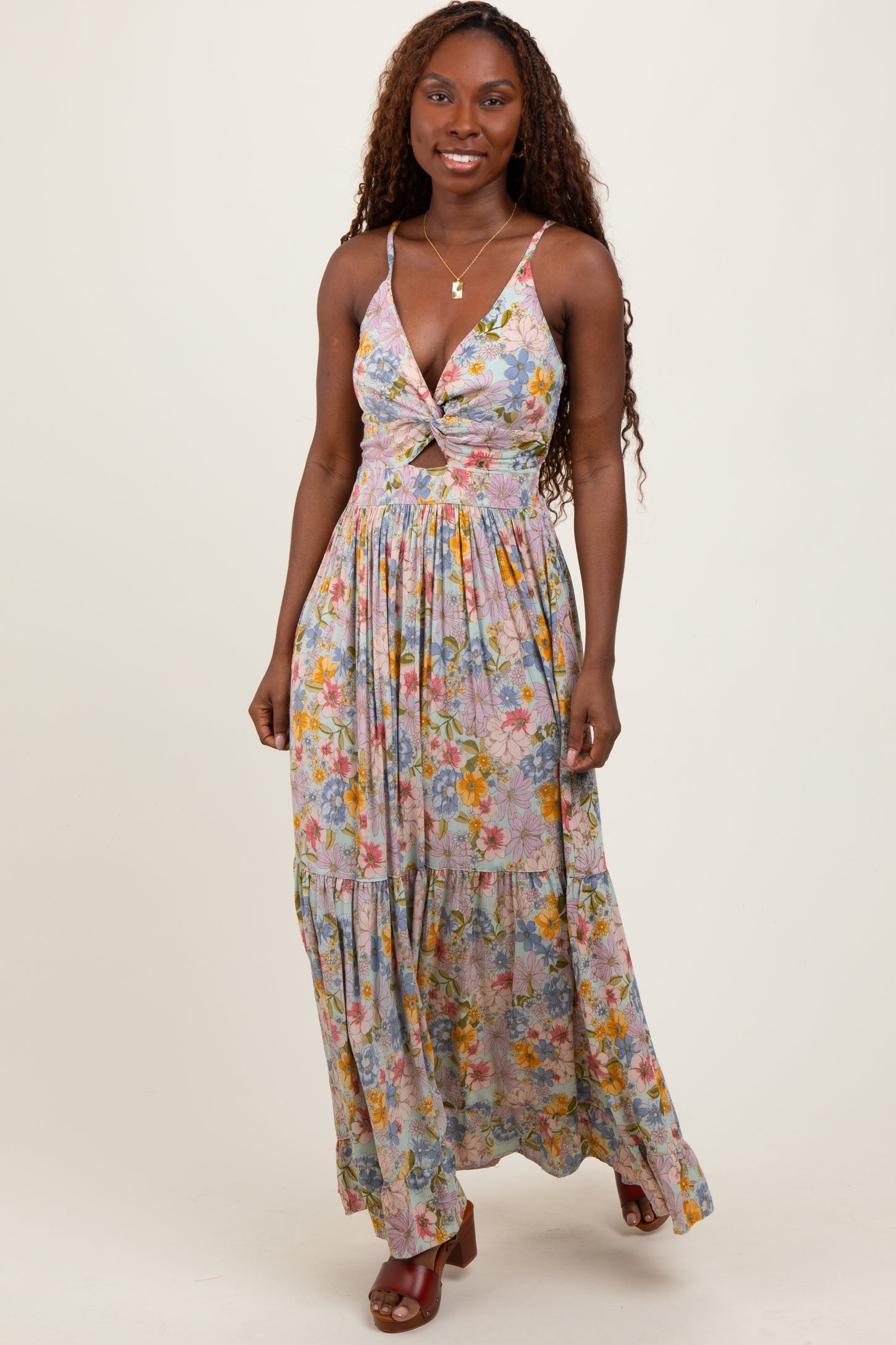 Mint Green Floral Twist Front Cutout Maxi Dress