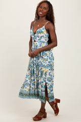 Blue Floral Border Print Cutout Midi Dress