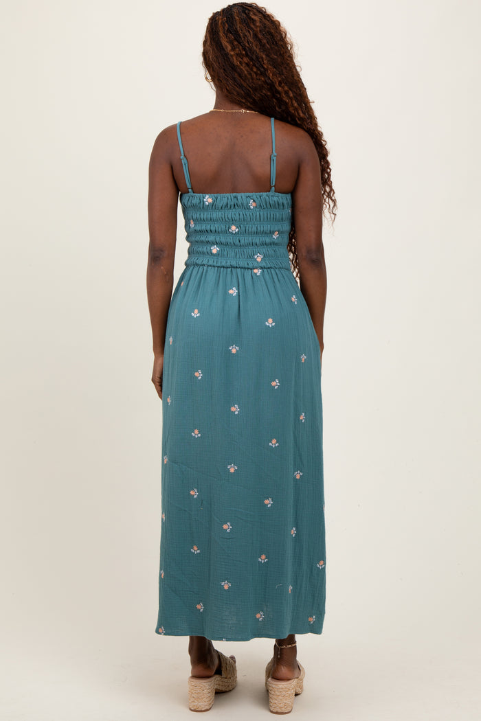 Light Teal Embroidered Floral Smocked Midi Dress