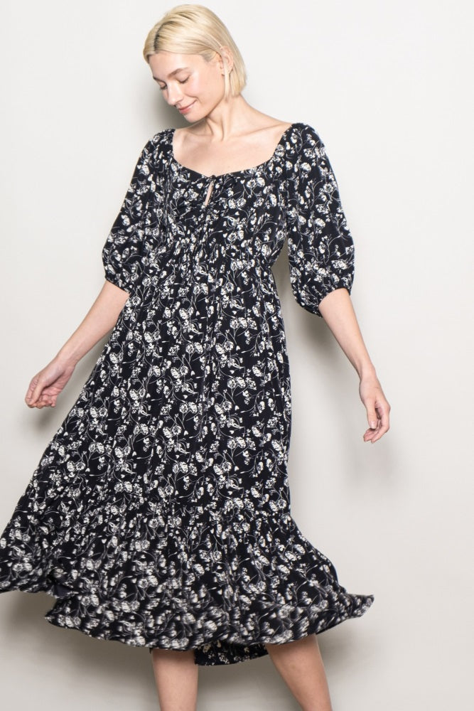 Black Floral Front Tie Puff Sleeve Maternity Midi Dress