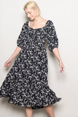 Black Floral Front Tie Puff Sleeve Maternity Midi Dress