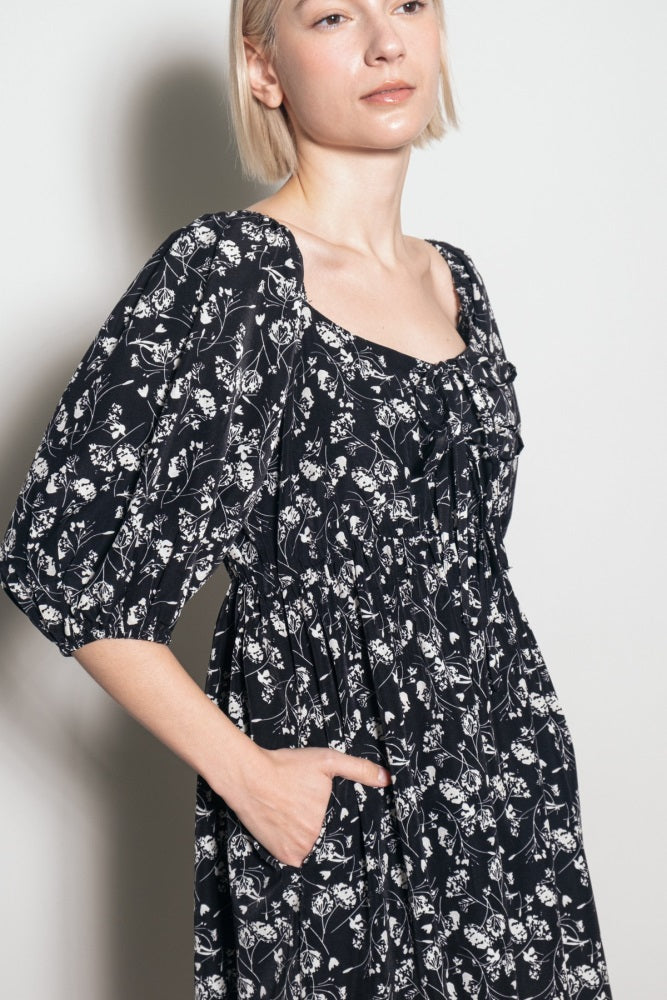 Black Floral Front Tie Puff Sleeve Midi Dress