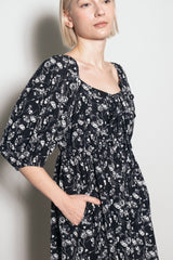 Black Floral Front Tie Puff Sleeve Midi Dress