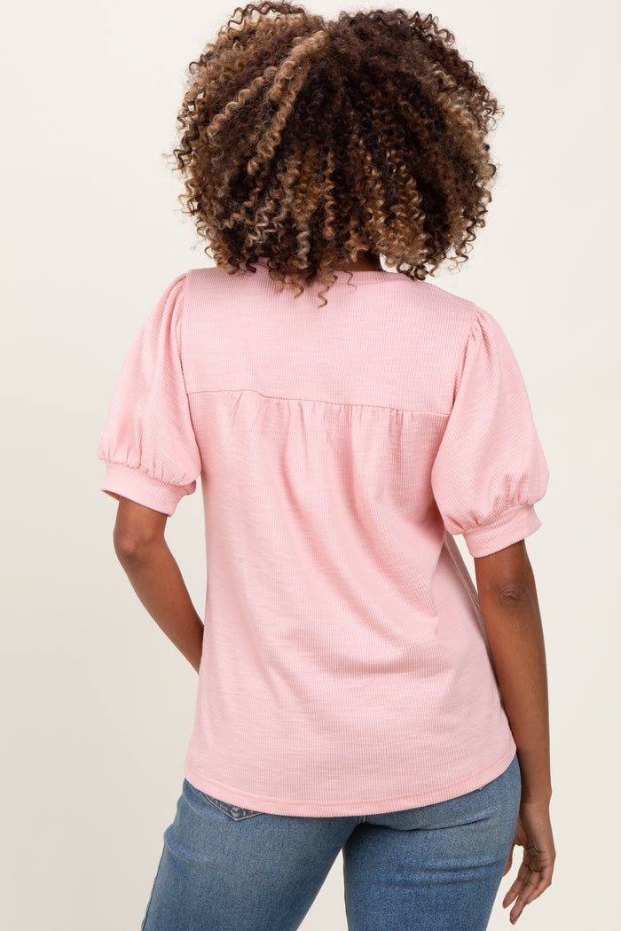 Light Pink Ribbed Puffed Sleeve Maternity Top