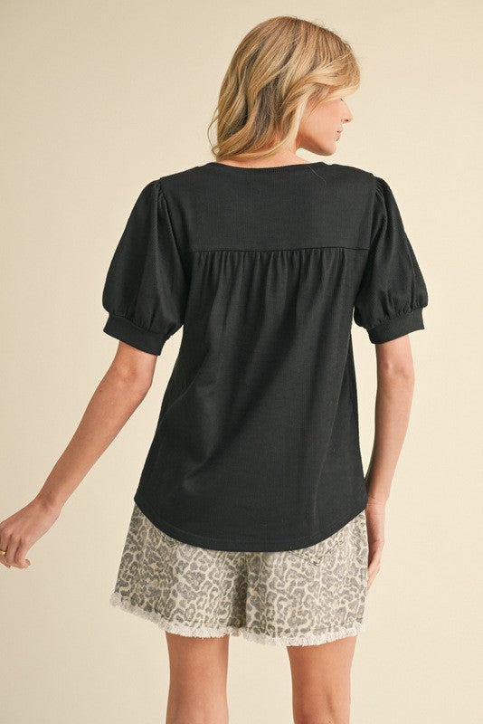 Black Ribbed Puffed Sleeve Top