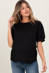Black Ribbed Puffed Sleeve Maternity Top