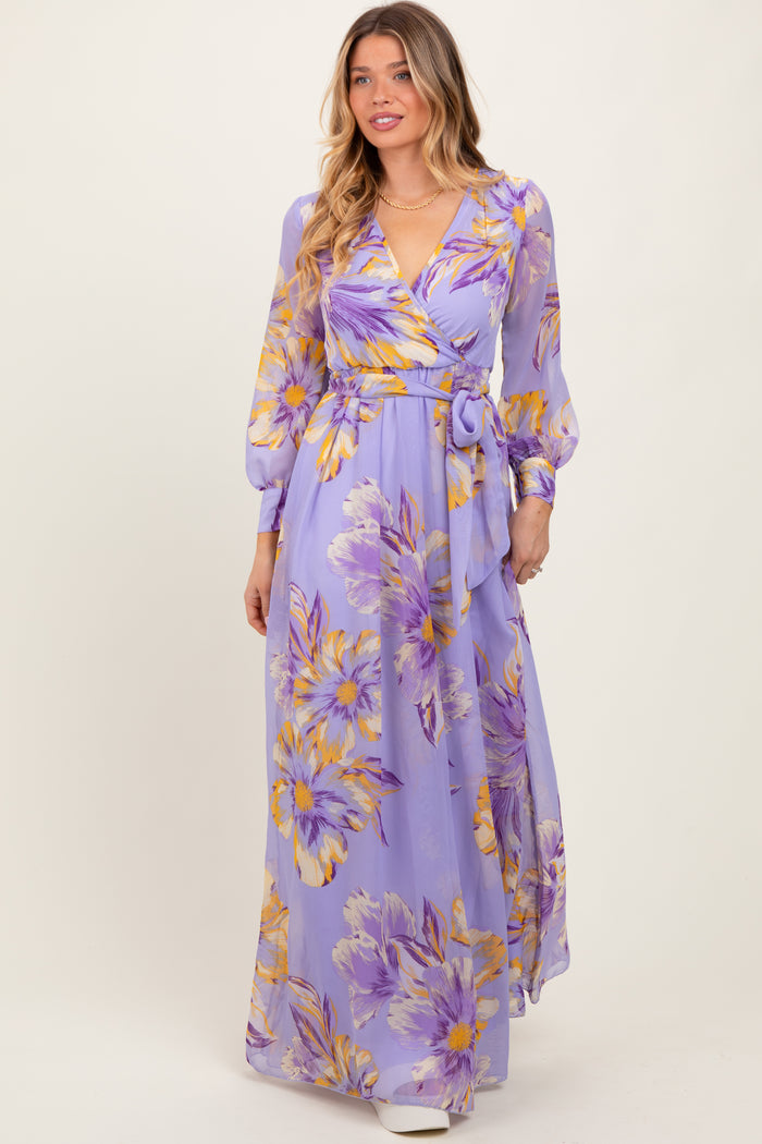 Lavender Floral Chiffon Sash Tie Maternity Wrap Maxi Dress