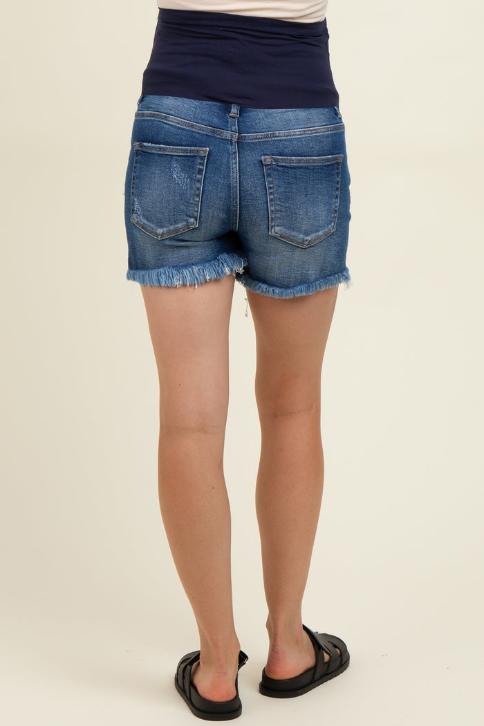 Navy Fringe Hem Side Slit Maternity Denim Shorts