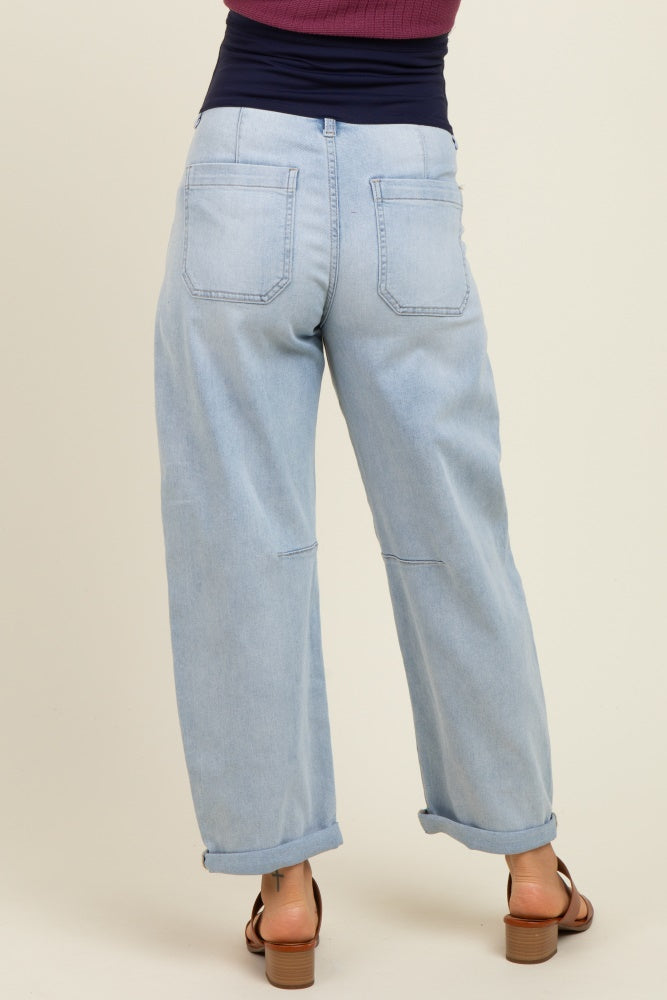 Light Blue Rolled Cuff Barrel Leg Maternity Jeans